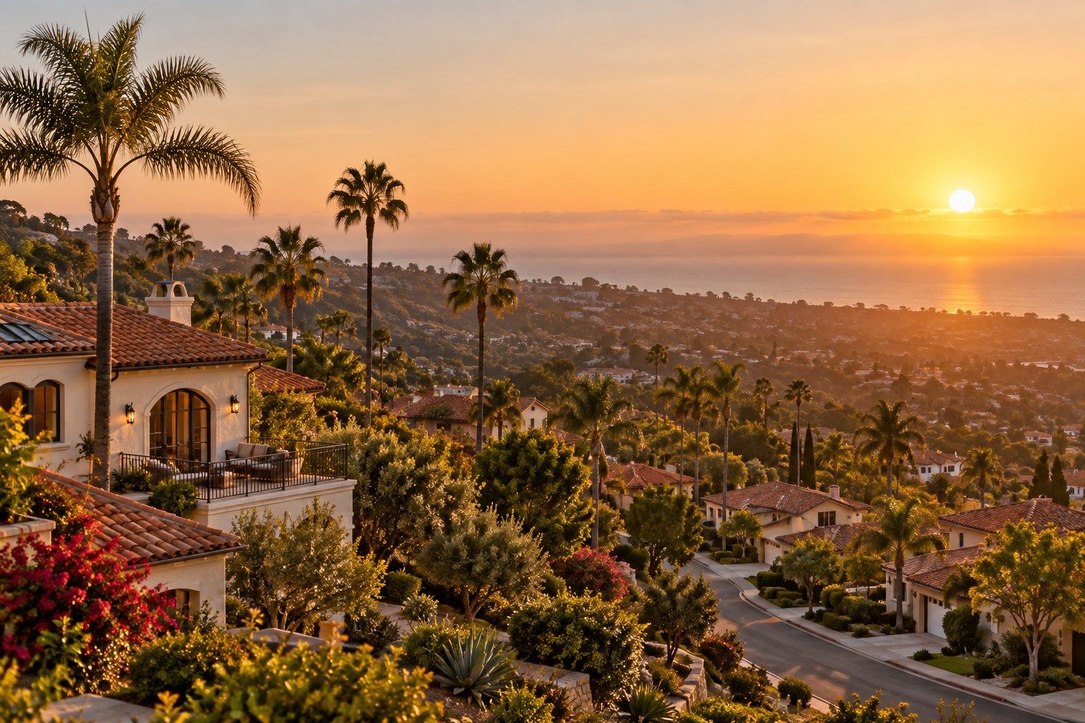 A hillside neighborhood at sunset, illustrative
