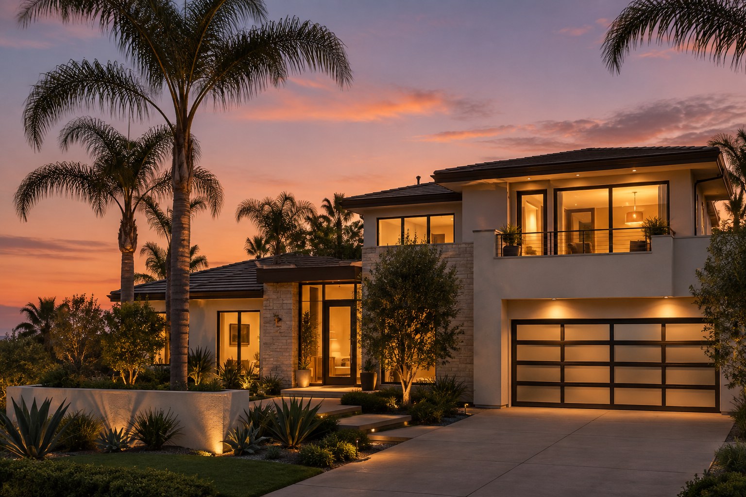 A San Diego County home at dusk, illustrative
